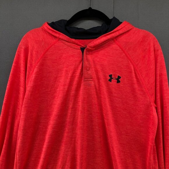 Under Armour Long Sleeve T-Shirt Mens S Hooded Red Henley Heatgear Loose - Picture 3 of 12